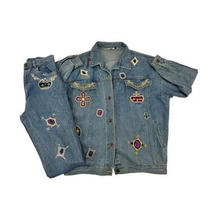 Vintage Cedars Denim Jacket Jeans Set‎ Jeweled Beaded Women 28 Blue Crown